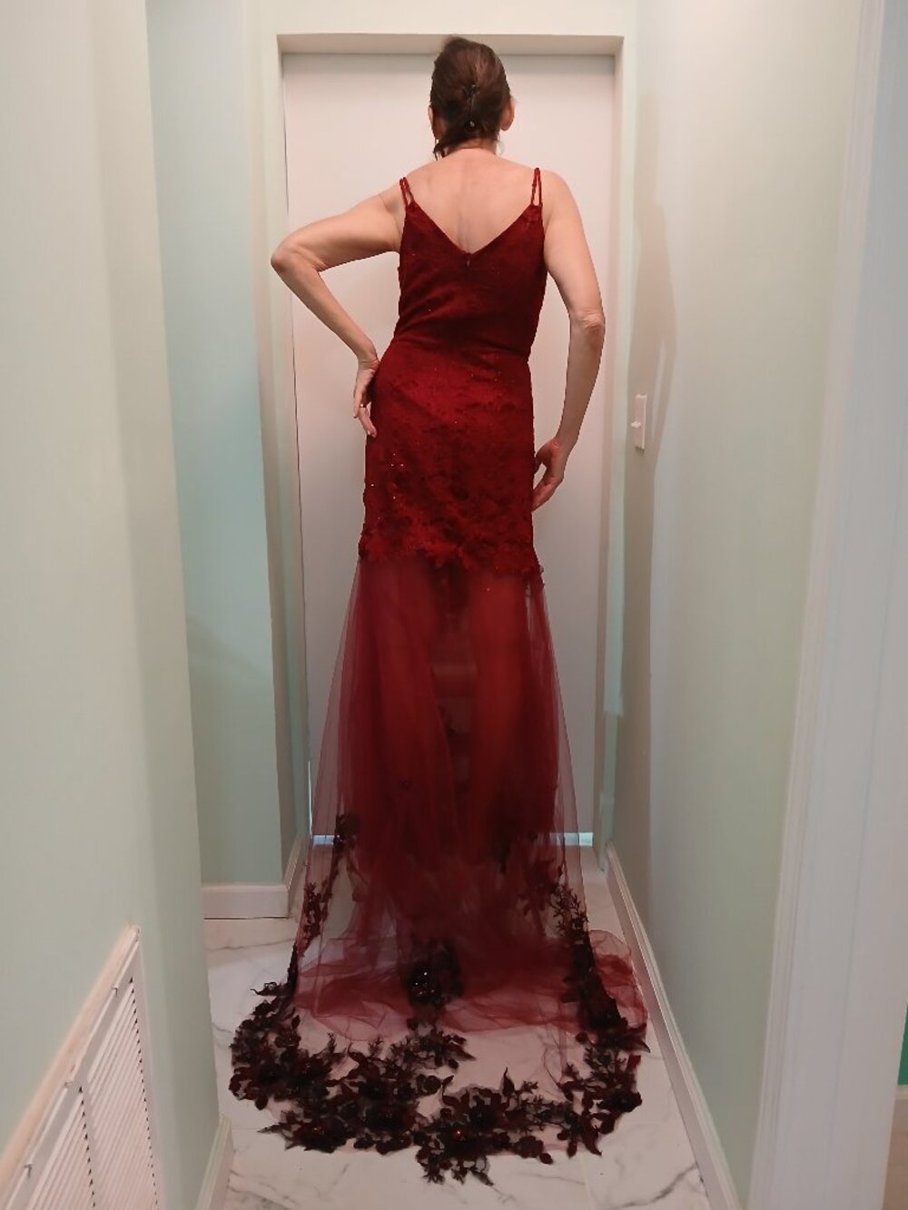 Vintage Y2K  Burgundy Lace Mermaid Gown Tulle Lobster Tail Train  Whimsigoth For